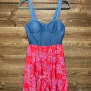 B.O.G Collective Womens Denim+Fuchsia Floral Tiered Maxi Sundress Sz SMALL